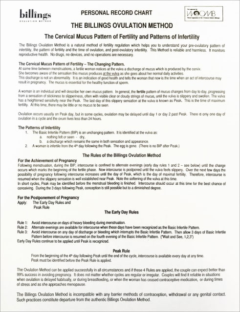Billings Method Charts - English & Spanish - (Sold only in sets of 5)